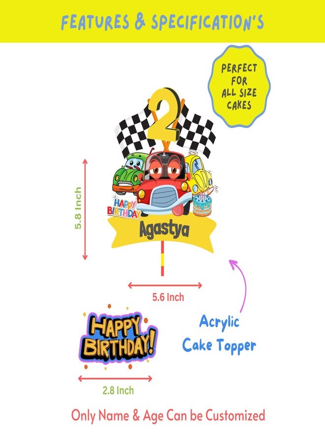 Yellow Nuts Personalised Cake Topper For Birthday Cartoon Car Theme Kids Boys Girls 1st Birthday Anniversary Props Cake Decor Decoration (Car) - Image 2